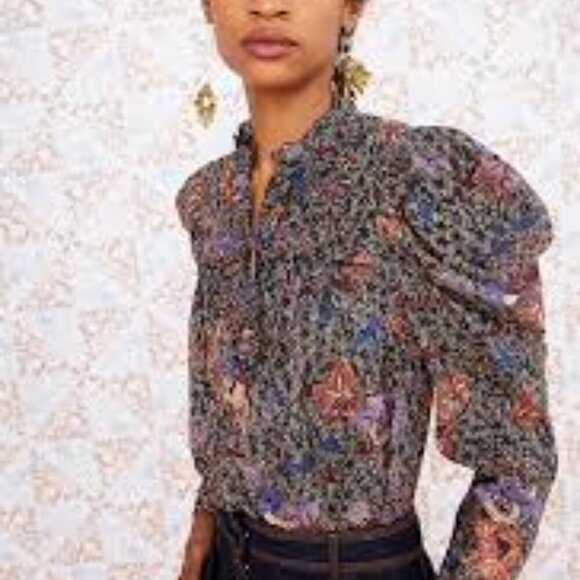 Ulla Johnson Size 0* Remy Puff Sleeve Blouse Tie Front Black Tan Sunburst - Picture 3 of 13